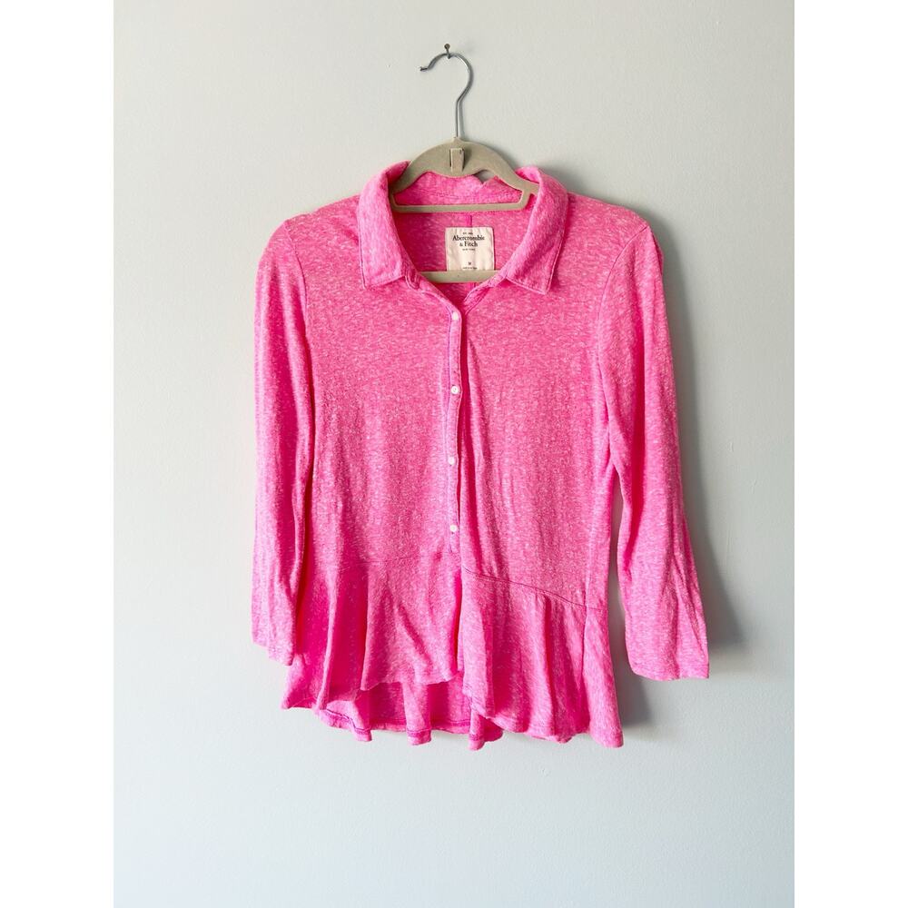 Abercrombie & Fitch Bright Pink Long Sleeve Button Front Peplum Hem Top Medium